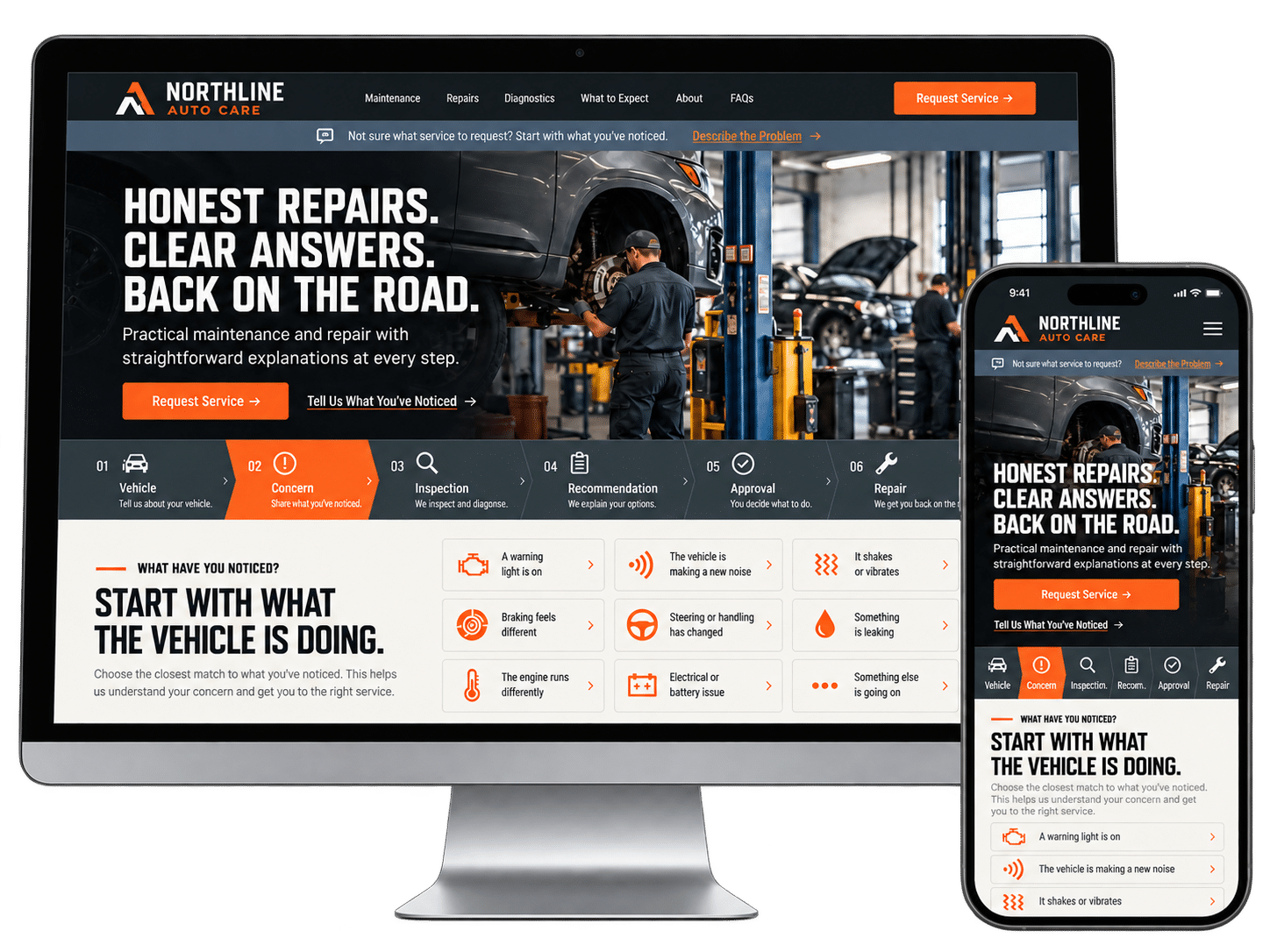 Auto Repair Website Concept Auto repair website design concept shown on desktop and mobile devices