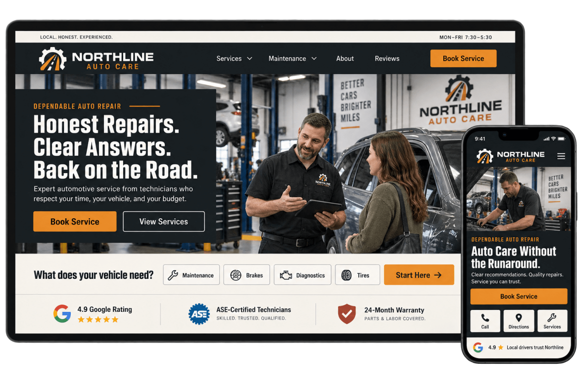 Auto repair website design concept shown on desktop and mobile