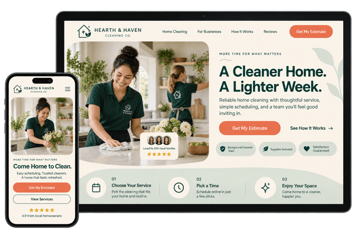 Residential cleaning website design concept shown on desktop and mobile