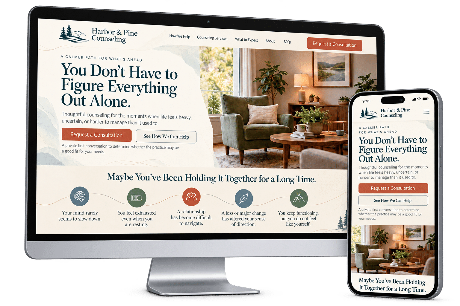 Counseling Website Concept Counseling and mental health website design concept shown on desktop and mobile devices