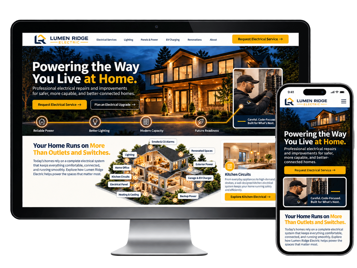 Residential Electrical Website Concept Residential electrical contractor website concept shown on desktop and mobile devices