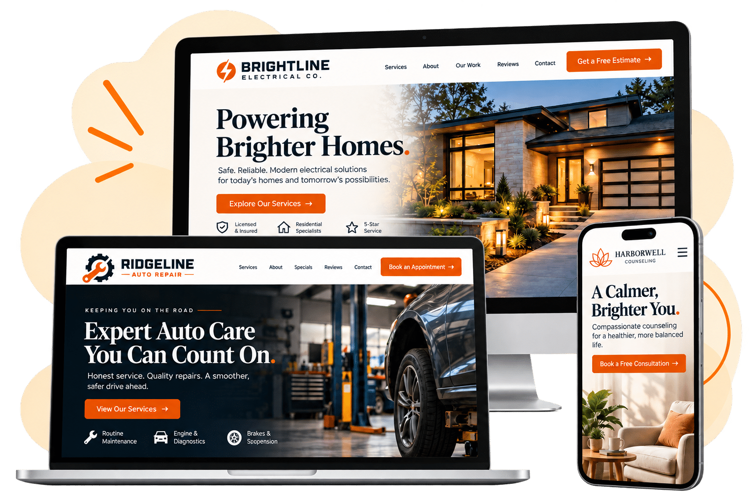 Service business website examples shown on desktop and mobile devices