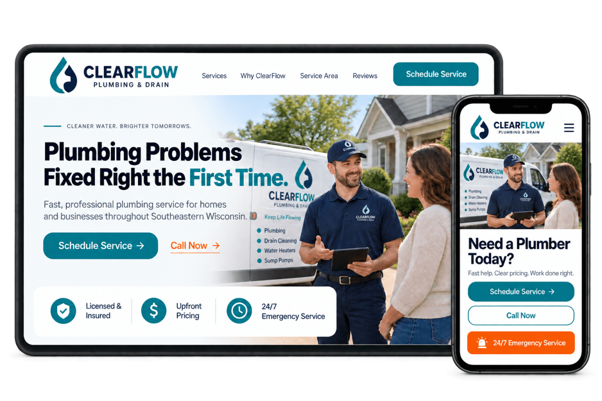 Plumbing contractor website design concept shown on desktop and mobile