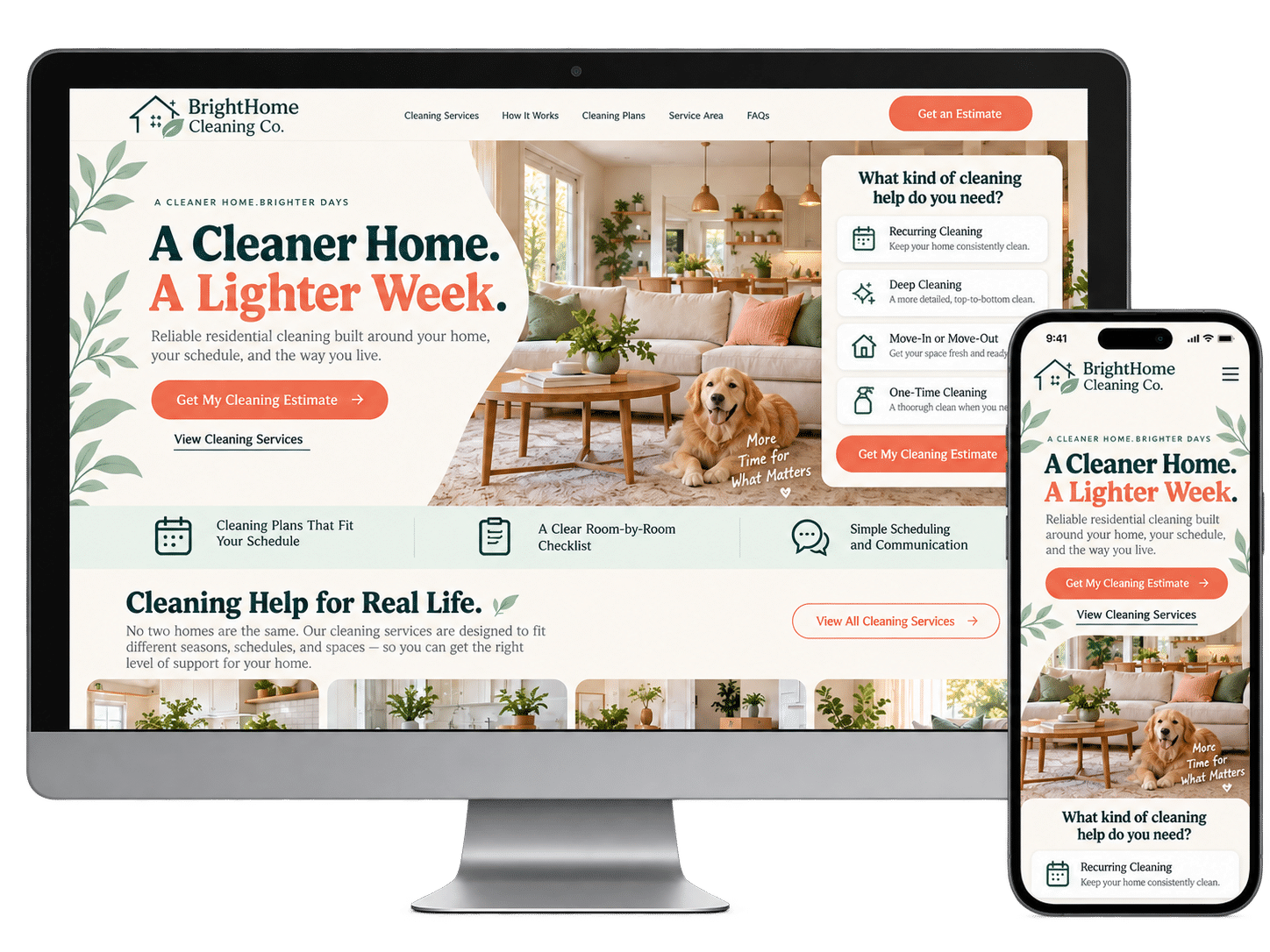 Residential Cleaning Website Concept Residential cleaning website design concept shown on desktop and mobile devices
