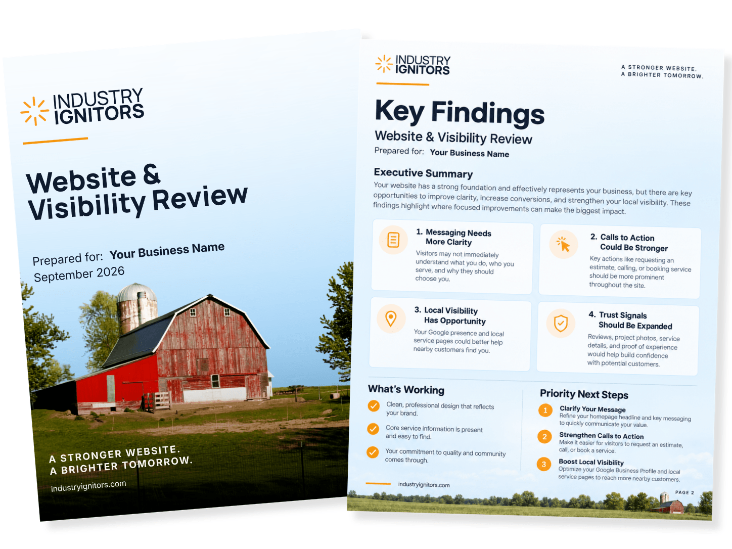 Example pages from an Industry Ignitors website and visibility review